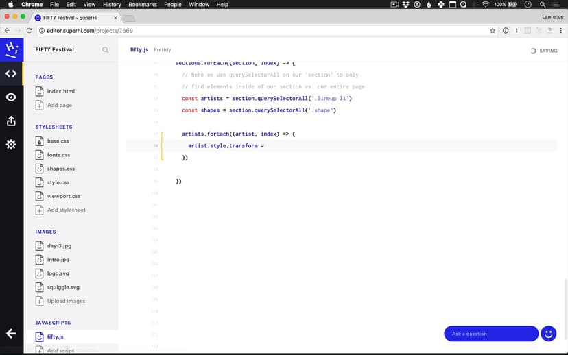 Using Javascript loops to apply auto-incrementing transition delay to our lineups and shapes